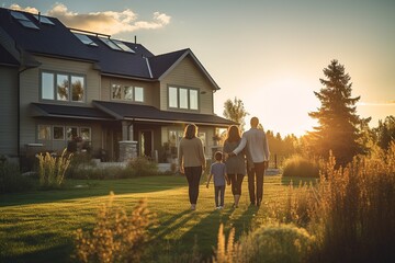 Happy family smiling outside their new home at sunset.