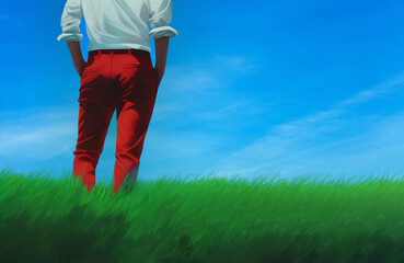 man standing with his hands in his pockets in green grass (shows up to the waist) in front of a cloudy blue sky. Generative AI and photo mixed content.