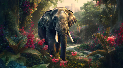 Elephant in fantastic and beautiful jungle. AI generated