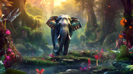 Obraz premium Elephant in fantastic and beautiful jungle. AI generated