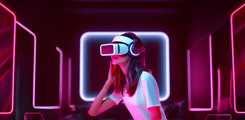 Young woman with a VR headset and experiencing virtual reality. AI generated