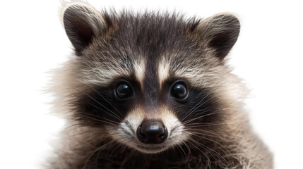 Close up of a baby raccoon isolated on white transparent background - obrazy, fototapety, plakaty