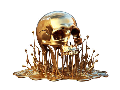 3D rendered illustration of an abstract golden human skull streamlined with golden liquid
