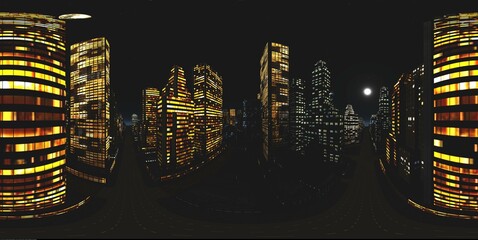 Night city, Cityscape, Environment map. HDRI map. Equirectangular projection. Spherical panorama., 3D rendering