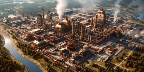 Fototapeta premium Aerial view of a sprawling industrial complex, showcasing the scale and efficiency of modern manufacturing. Generative ai.