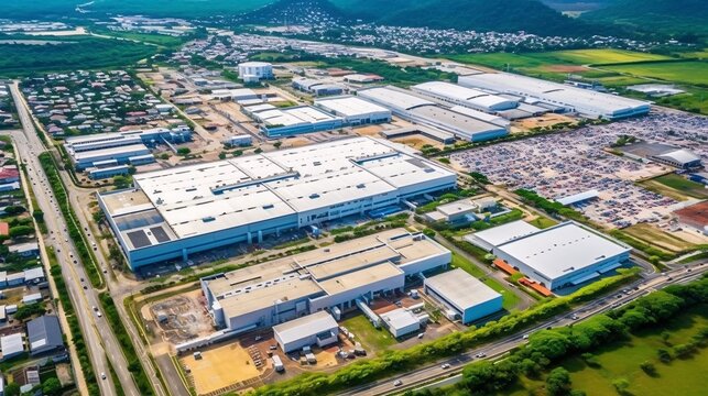 Aerial view of a sprawling industrial complex, showcasing the scale and efficiency of modern manufacturing. Generative ai.