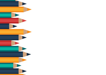 Back to school and education concept. Set of sharpened colored pencils or crayons on white background with copy space. Flat design for a banner. The art and study pictures in the classroom.