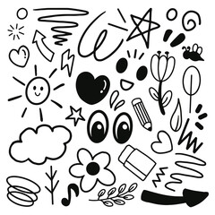 Set of doodle hand drawn. Elements of star, bee, cloud, sun, eye, pencil, flower etc