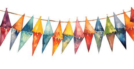 slightly hanging string of colorful pennant in watercolor isolated against transparent background