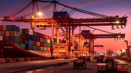 Crane lifting heavy cargo into a shipping container at a bustling port, symbolizing global trade and commerce. Generative ai.