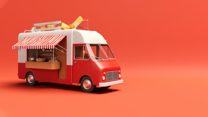 Food truck isolated on red background, takeaway food and drinks van mock up, 3d style. AI Generated.