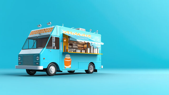Food truck isolated on blue background, takeaway food and drinks van mock up, 3d style. AI Generated.