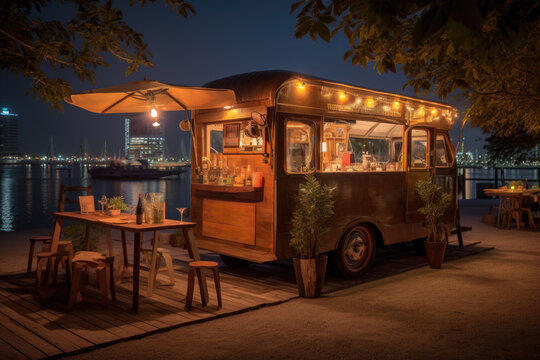 Deserted spot with a dimly lit street food van, evening vibe in a charming well-lit waterfront area. AI Generated.