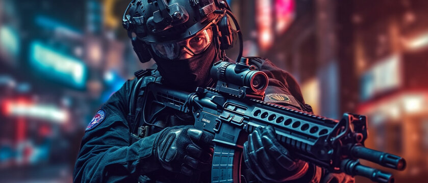 a special forces soldier police a with high technology gun and weapon working in night city, Generative AI