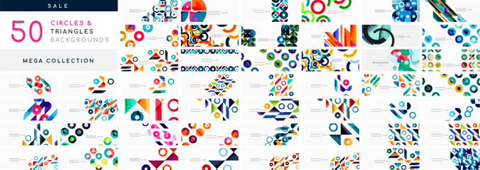 Mega collection of circle and triangle simple geometric backgrounds. Backdrop bundle for wallpaper, banner, background, landing page, wall art, invitation, print, posters