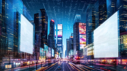 World where technology and commerce collide, sleek and modern city adorned with eye-catching billboards. Generative ai.