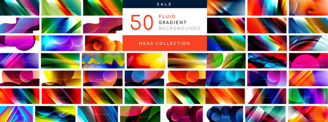 Mega collection of bright fluid gradient backgrounds. Backdrop bundle for wallpaper, banner, background, landing page, wall art, invitation, print, posters