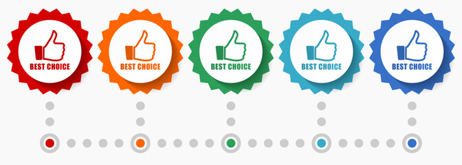 Best choice vector icon set, colorful infographic template, set of flat design badge icons in 5 color options