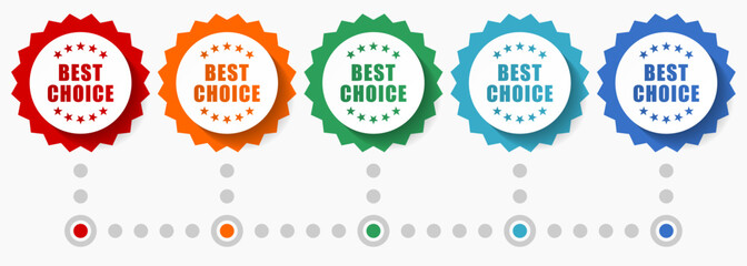 Best choice vector icon set, colorful infographic template, set of flat design badge icons in 5 color options
