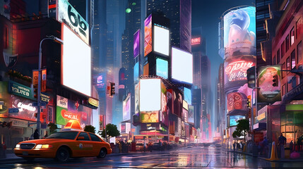 World where technology and commerce collide, sleek and modern city adorned with eye-catching billboards. Generative ai.