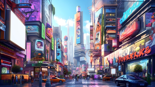 World where technology and commerce collide, sleek and modern city adorned with eye-catching billboards. Generative ai.