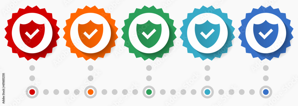 Poster shield vector icon set, colorful infographic template, set of flat design badge icons in 5 color opt