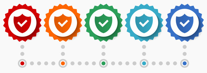 Shield vector icon set, colorful infographic template, set of flat design badge icons in 5 color options