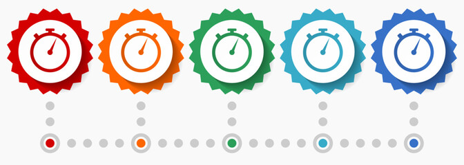 stopwatch vector icon set, colorful infographic template, set of flat design badge icons in 5 color options