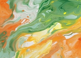 Fototapeta na wymiar Digital illustration in fluid art style in green and orange colours. Abstract mixing of colored liquid paints