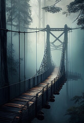 Suspension bridge in the misty forest. AI Generated