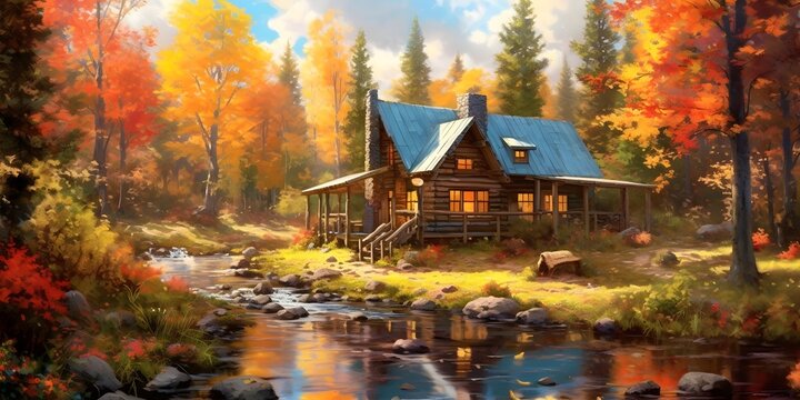 Cozy image of a charming cabin nestled in the midst of an autumn forest, surrounded by colorful foliage. Generative ai.