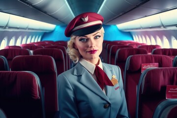 Female flight attendant on empty economic class passenger seats. Picturesque generative AI