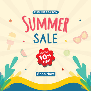Summer sale promotion,10 percent off poster, banner, social media template illustration