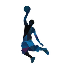 Fototapeta na wymiar Basketball tournament logo. Silhouette of basketball player jump for the slam dunk isolated on white background.