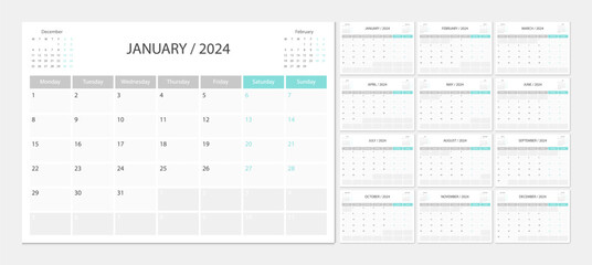Calendar 2024 week start Monday corporate design planner template. Calendar planner 2024. - 611687263
