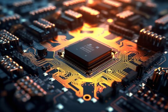 Illustration of a central processing unit (CPU) chip within a computer circuit board created with Generative AI technology