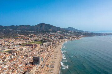 Aerial drone photo of the beautiful beach front of the coastal town of Fuengirola in Malaga Spain...