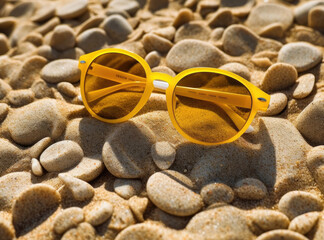 Yellow sunglasses on a sandy beach