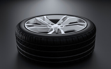 3d car wheels laying on the polished floor.