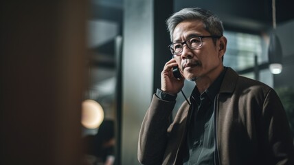 Entrepreneur Male Asian Middle-aged Conducting business call in Co-working space. Generative AI AIG22.