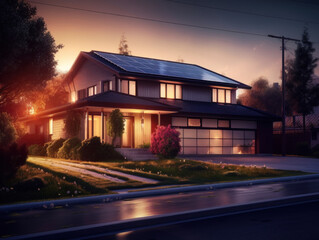 a modern house with solar panels on the roof Clean and sustainable energy under the warm sky of the evening sun. generative AI