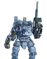 piloted combat sci-fi armor mech unit painted out in coyote tan is holding a weapon