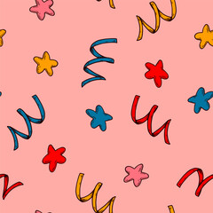 Confetti seamless pattern. Colorful hand drawn Merry Christmas and Happy New Year background in sketch style. Birthday celebration design. Vector illustration..