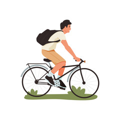 Obraz premium Young man rides sport bicycle listening to music vector illustration. Guy in hurry cartoon design.