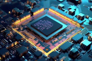 Illustration of a central processing unit (CPU) chip within a computer circuit board created with Generative AI technology