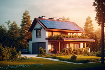 Fototapeta na wymiar a modern house with solar panels on the roof Clean and sustainable energy under the warm sky of the evening sun. generative AI