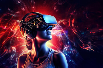 Young fashionable woman with colorful vr headset touching state of consciousness future virtual world technology. Generative ai