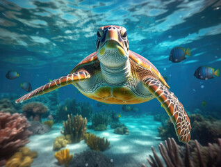 Fototapeta na wymiar Cute sea little turtle swimming in the underwater