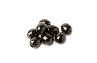 Black olives isolated on white background. Olive tree leaves. Vegan. Ingredient for salad or pizza.