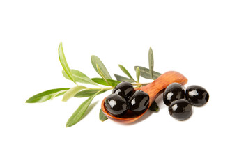 Black olives isolated on white background. Olive tree leaves. Vegan. Ingredient for salad or pizza.